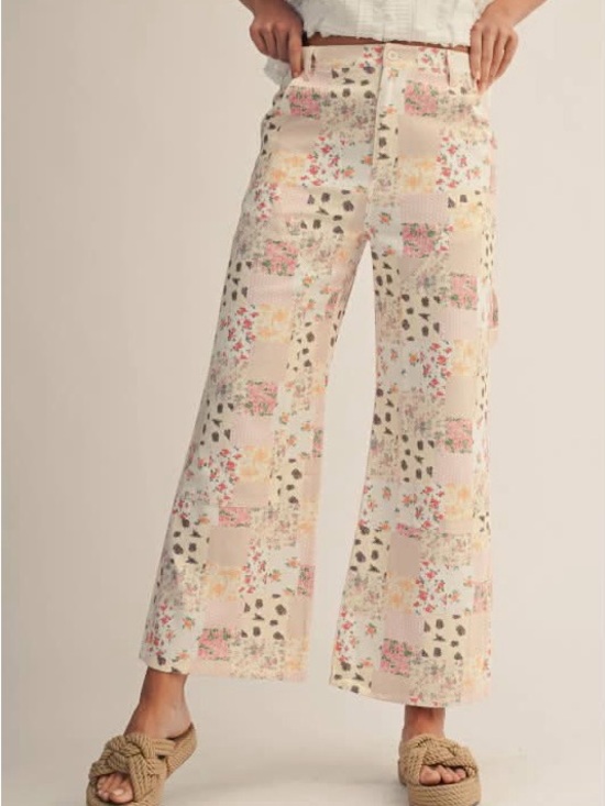 Lovlov Pants - Cream Floral Patchwork Wide-Leg Pants